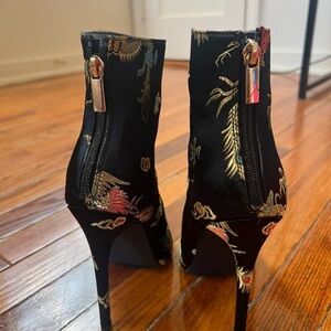 Shoe Dazzle Black Embroidered Satin Ankle Boots with Gold & Red Accents